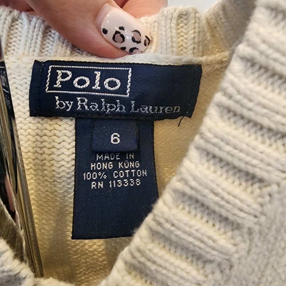POLO by Ralph Lauren blue label, cream v neck pull over sweater vest. Size 6. - Picture 2 of 5